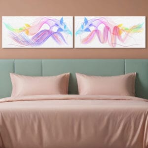 Arredo con quadri astratti per testata letto su parete minimal e testiera pastello.