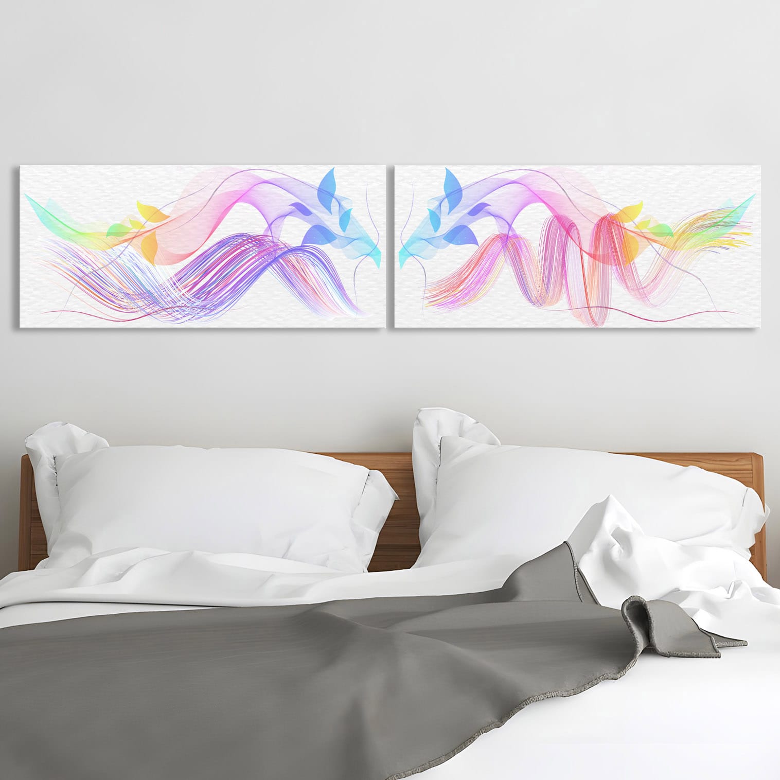 Quadri astratti per testata letto con sfumature arcobaleno su sfondo bianco