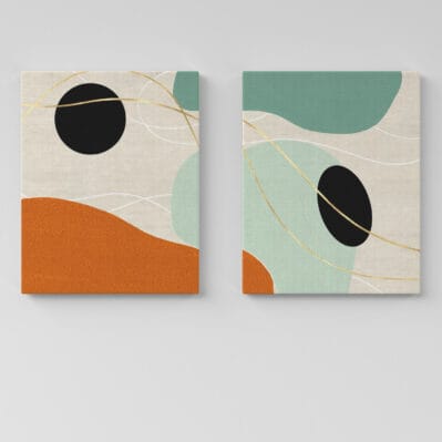 Quadri astratti moderni su tela con forme geometriche e contrasti cromatici, perfetti per decorazioni murali eleganti.
