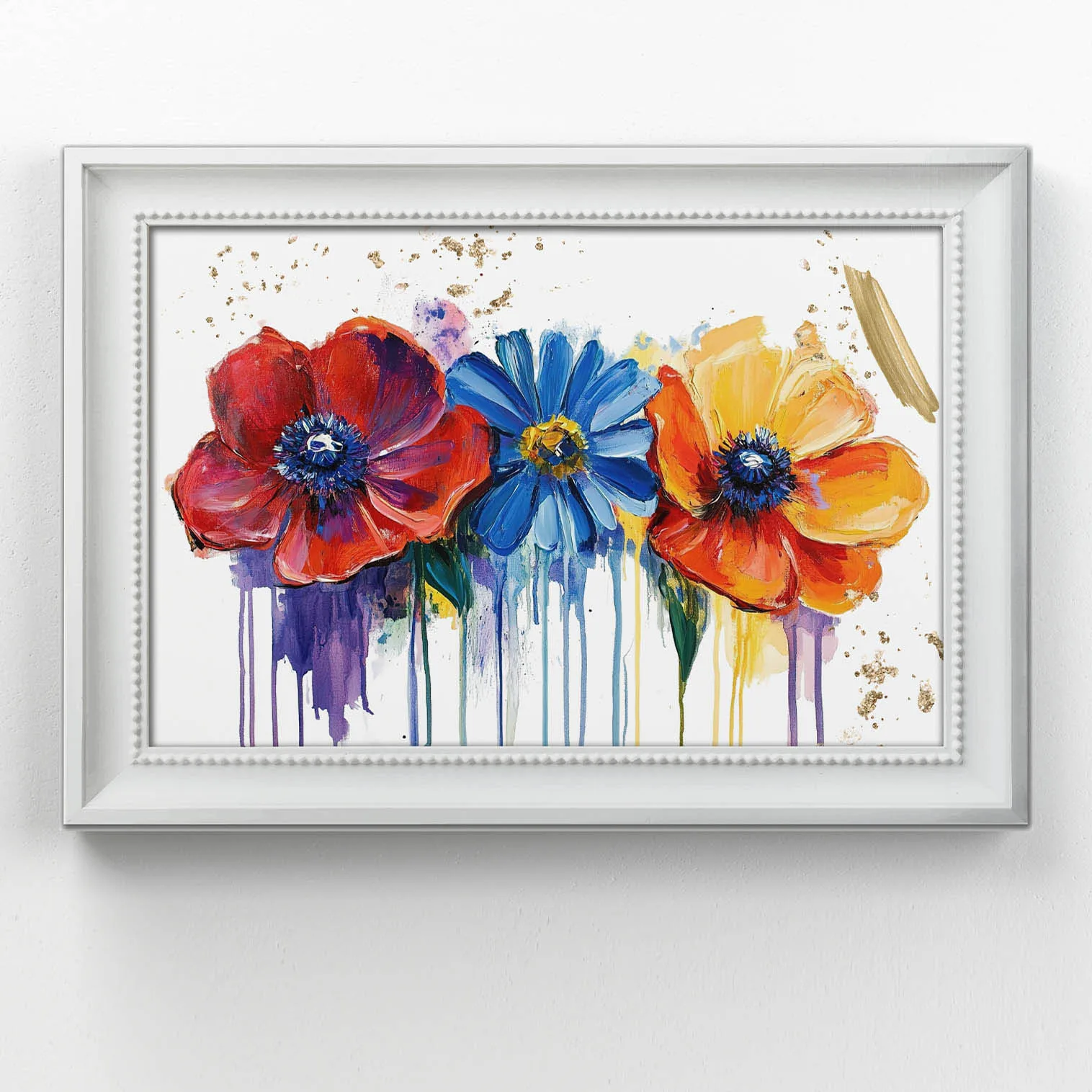 Quadro decorativo floreale su tela con cornice stampata, raffigurante fiori vivaci in rosso, blu e arancione su sfondo chiaro.