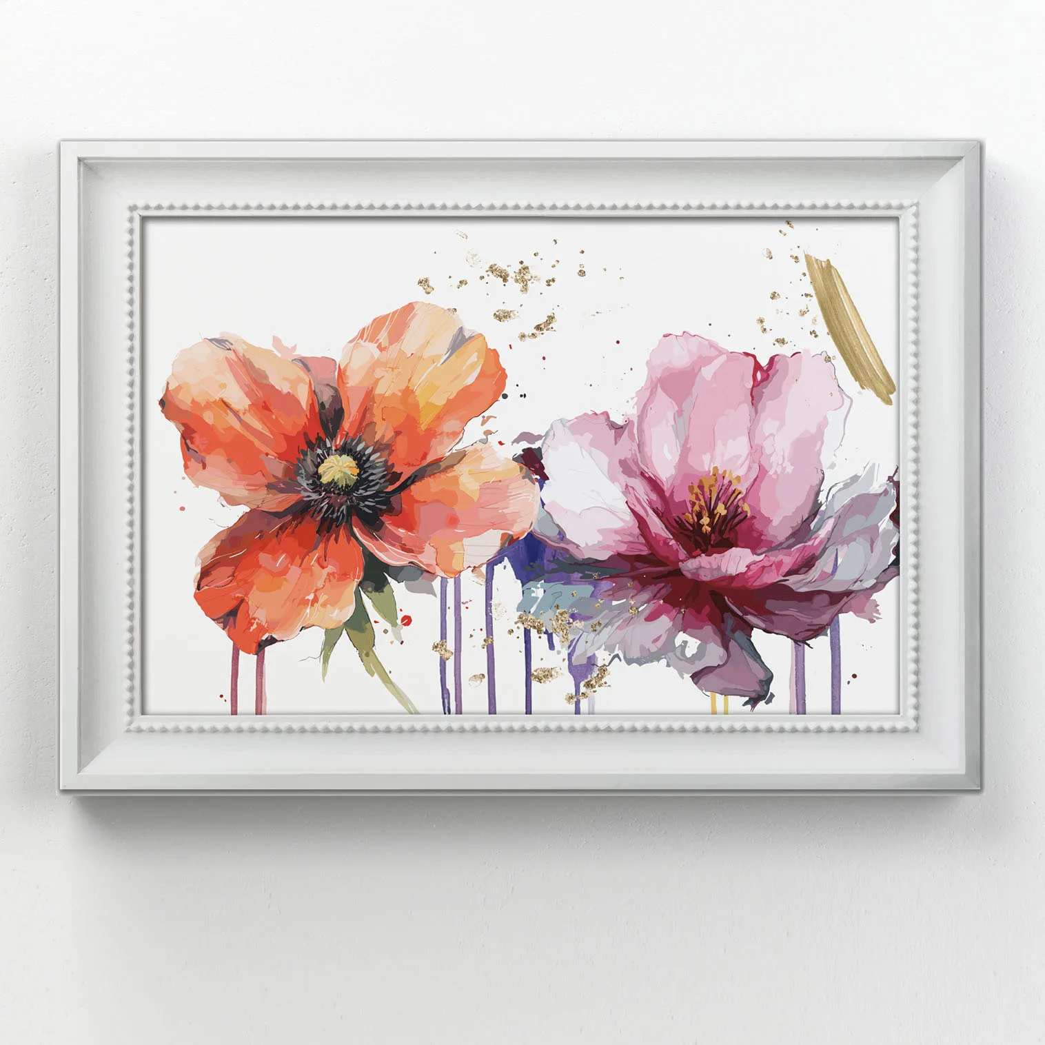 Quadro decorativo floreale su tela con fiori stilizzati dai toni caldi e cornice bianca stampata integrata nel design.