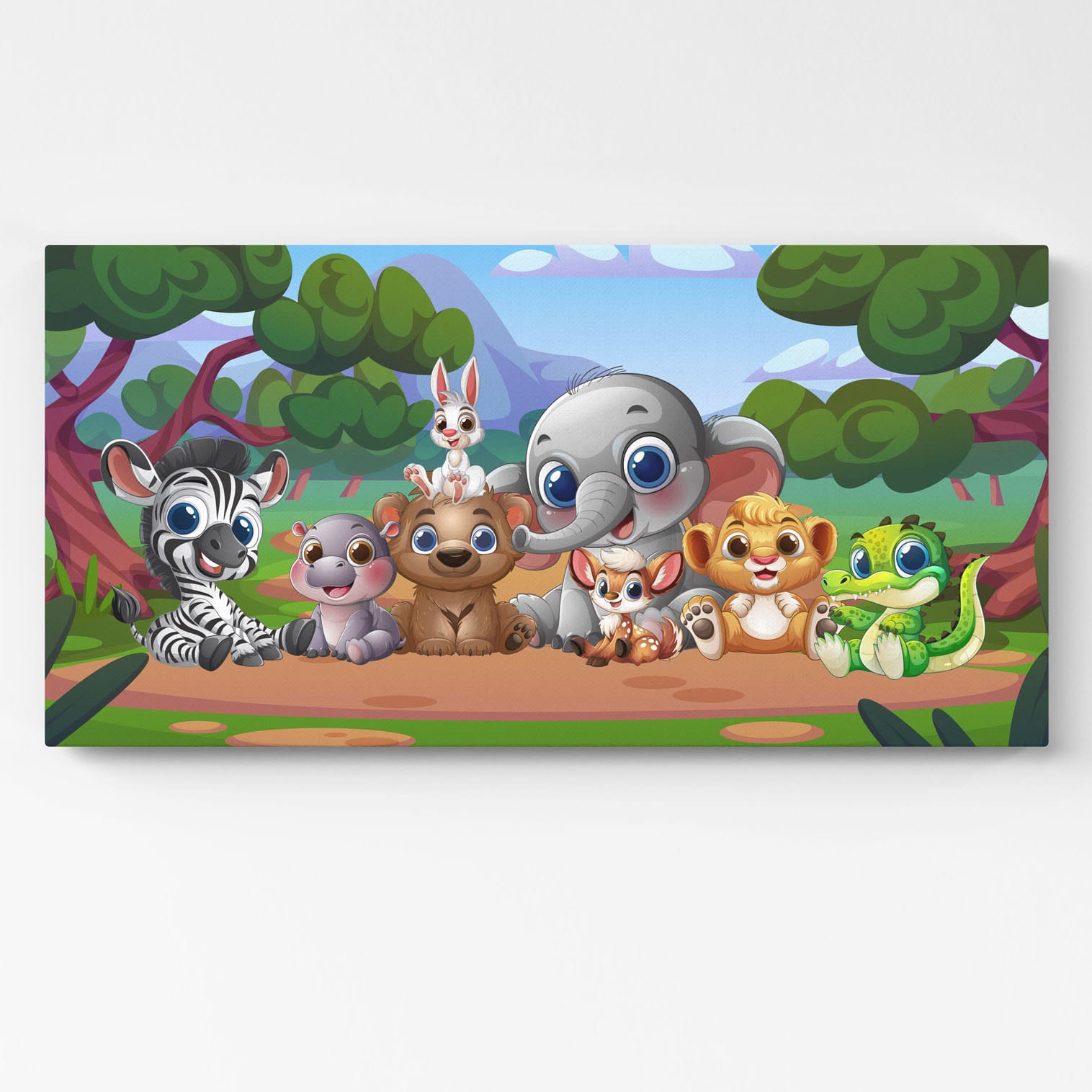 Quadro animaletti cameretta bambini su tela con illustrazione colorata di zebra, elefante, leoncino e altri cuccioli della giungla.