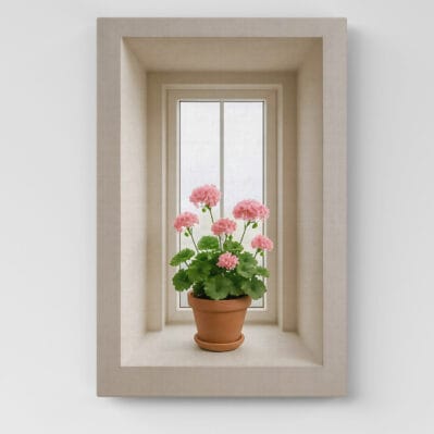 Quadro moderno con nicchia nella parete e gerani rosa, arredo murale su tela in stile 3D.