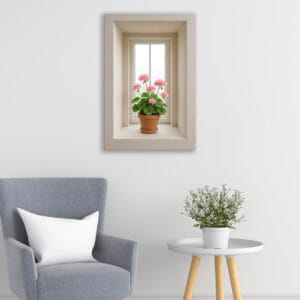 Quadro moderno con nicchia nella parete e fiori rosa stampato su tela per arredamento elegante.