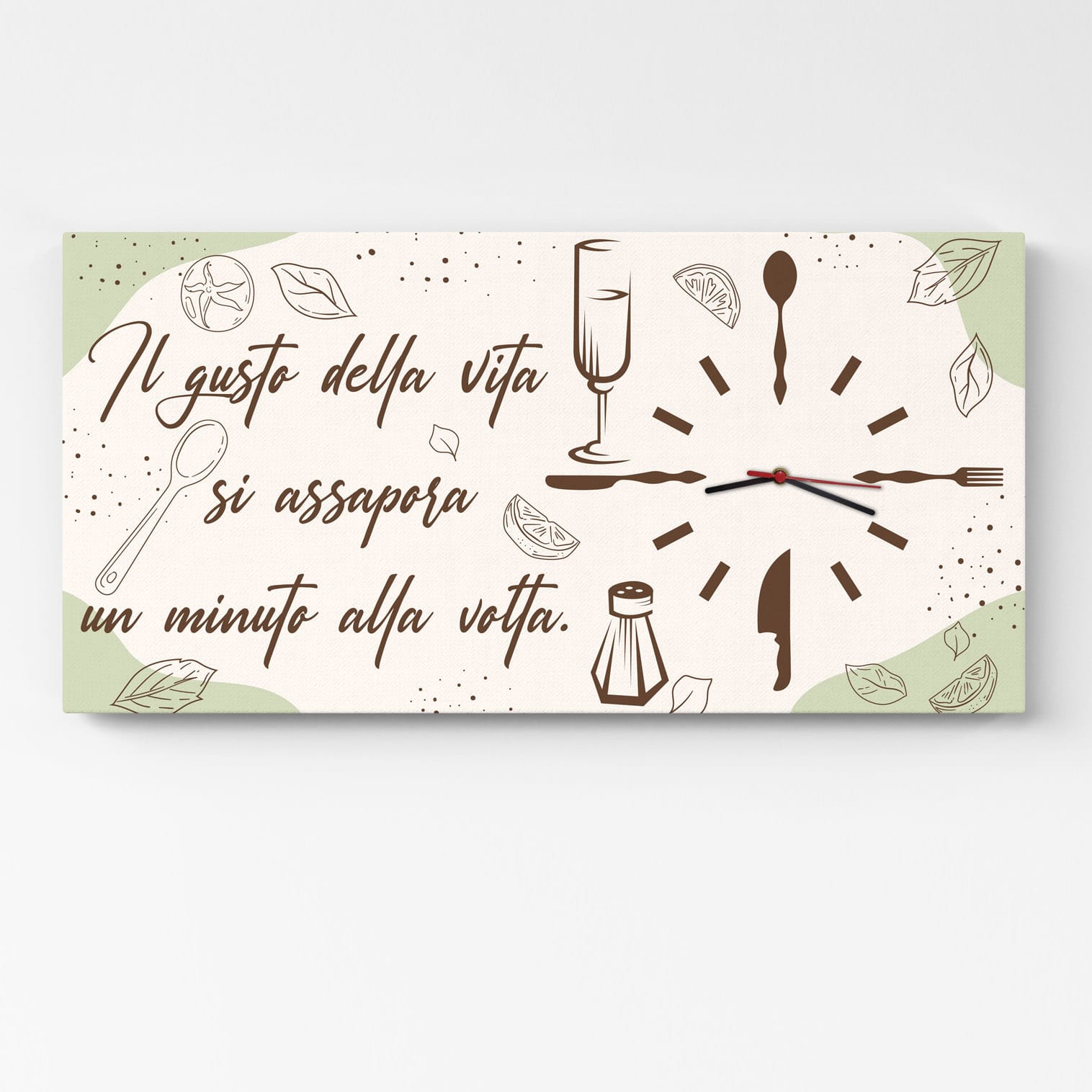 Orologio da cucina con frase motivazionale stampata su tela moderna, elegante e pronto da appendere.