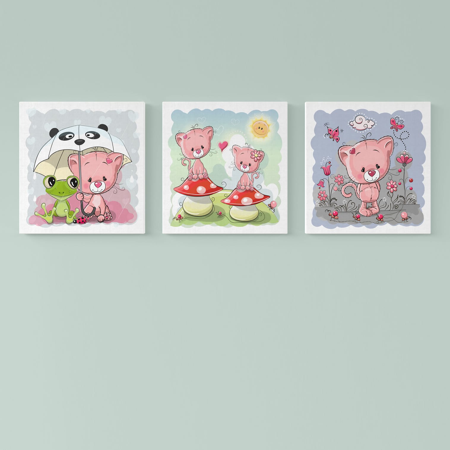 Set di quadri cameretta bambini 3 tele con gattini rosa, rana e dettagli colorati.