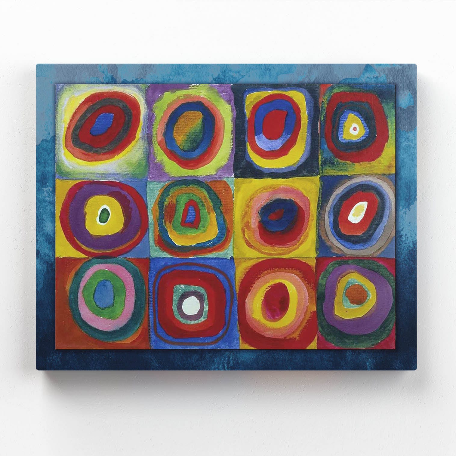 Primo piano del quadro Kandinsky cerchi concentrici su tela, arte astratta moderna con colori vivaci.