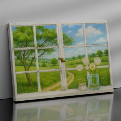 Stampa su tela moderna con effetto finestra aperta su paesaggio rilassante.