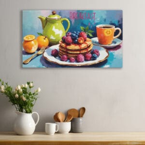 Quadro moderno Breakfast su tela con immagine di colazione allegra, perfetto come decorazione per cucine e caffetterie.