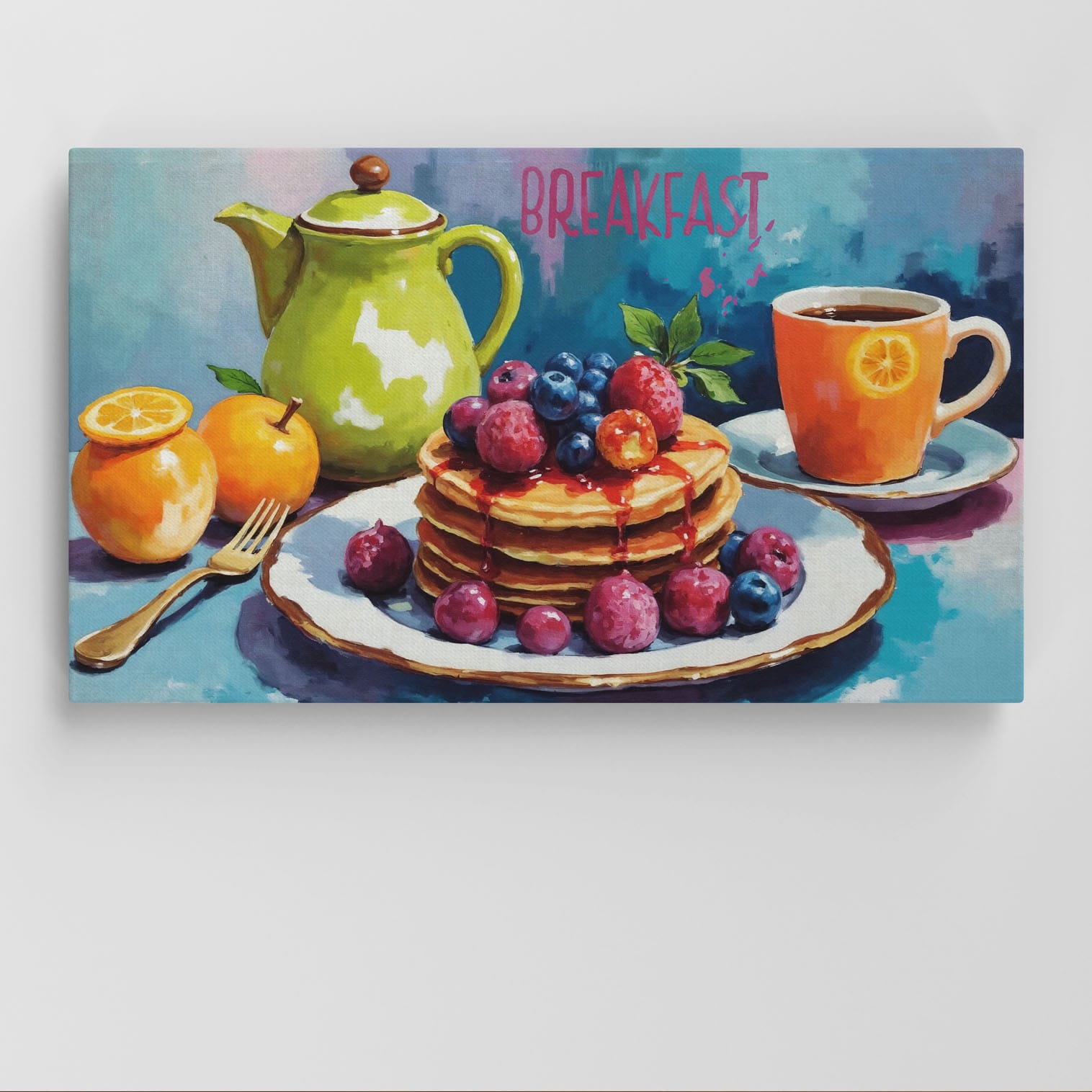 Quadro per cucina Breakfast su tela moderna con pancake, frutta e caffè, decorazione murale vivace per cucina e bar.