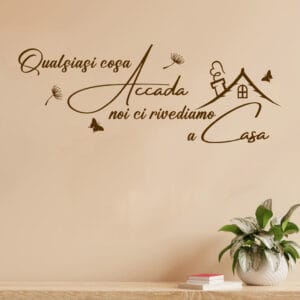 Scritte adesive casa per soggiorno in vinile marrone con frase e disegno casetta decorativa.