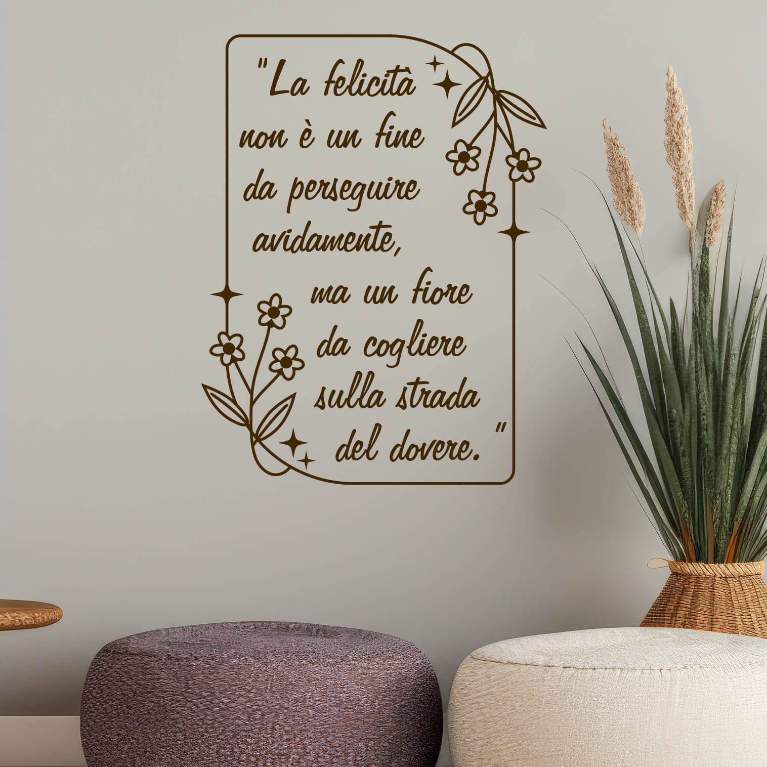 Scritte adesive muro personalizzate con frasi decorative per soggiorno, eleganti e moderne.