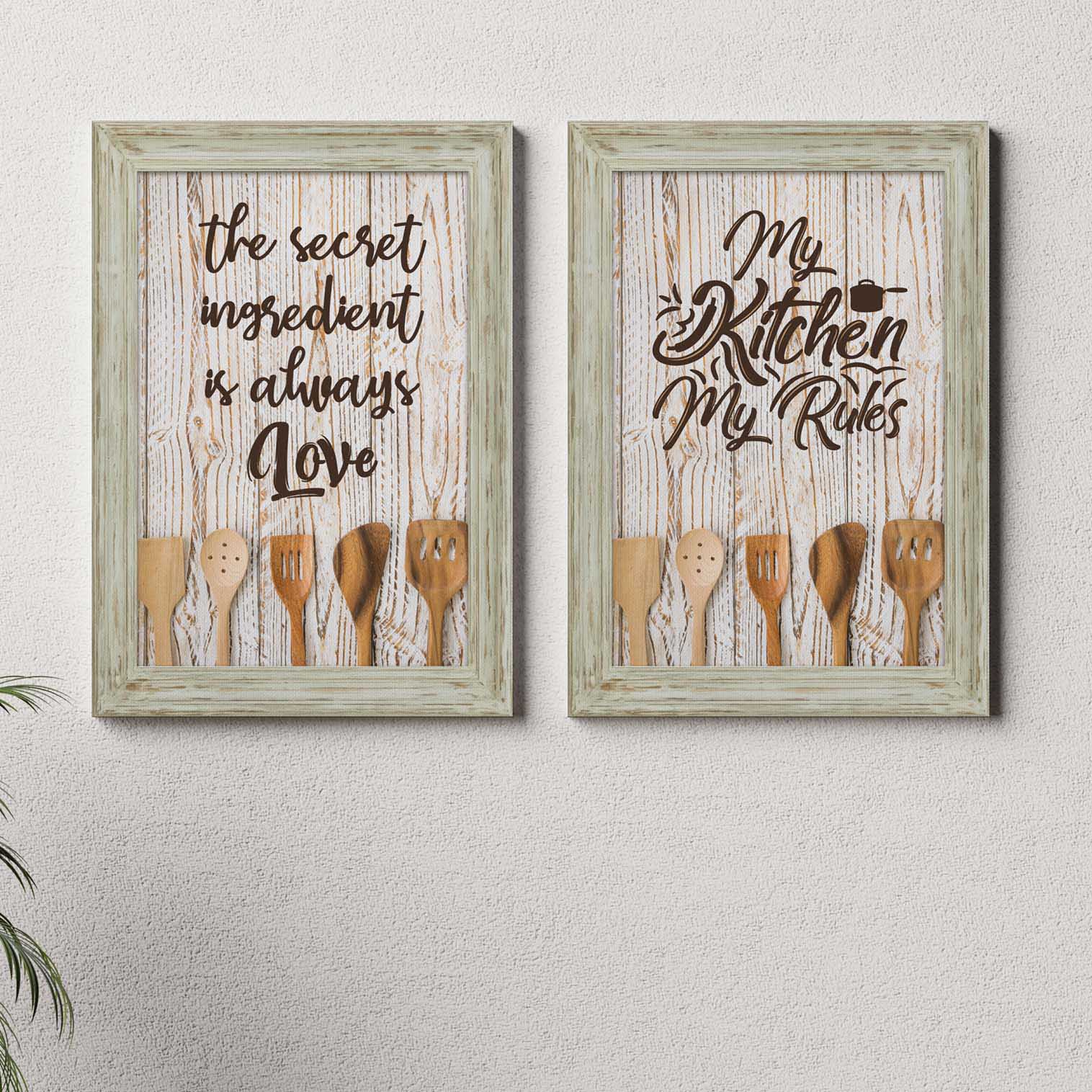 Due quadri cucina shabby chic con frasi “My Kitchen My Rules” e “The secret ingredient is always love”