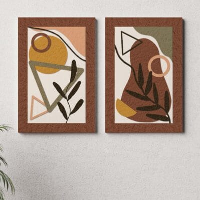 Coppia di quadri moderni astratti decorativi con motivi geometrici e foglie in tonalità calde, stampe su tela pronte da appendere