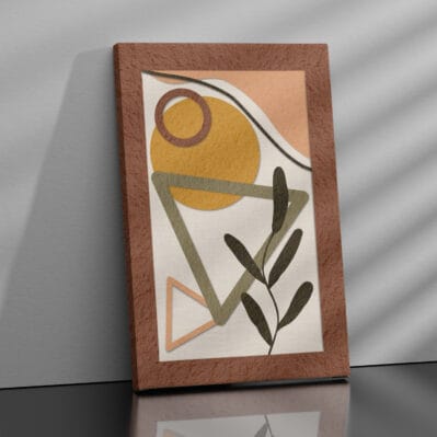 Quadro moderno astratto decorativo con cerchio giallo e foglia nera, stampa su tela con bordi stampati.
