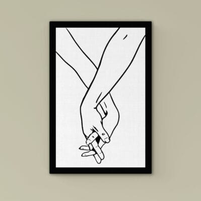 Quadro moderno con mani intrecciate in stile minimal, decorazione romantica per la camera da letto.