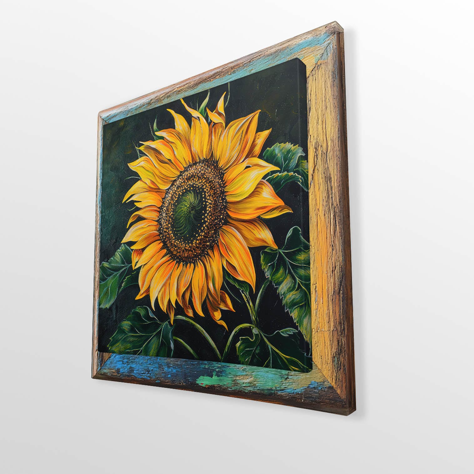 Vista laterale del quadro 3D con girasole su tela e cornice stampata effetto legno colorato.