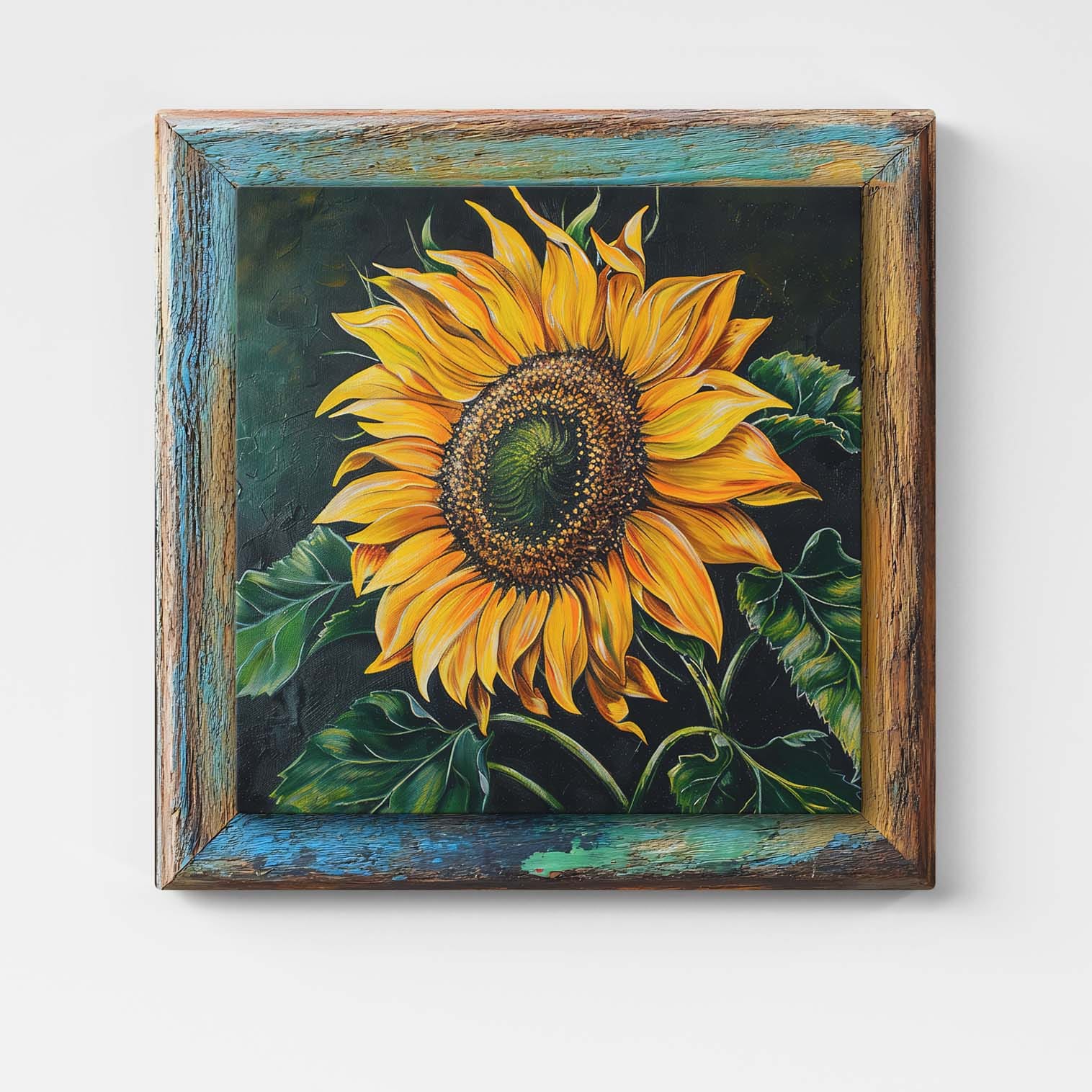 Quadro 3D con girasole artistico e cornice stampata su tela effetto legno, visto frontalmente.