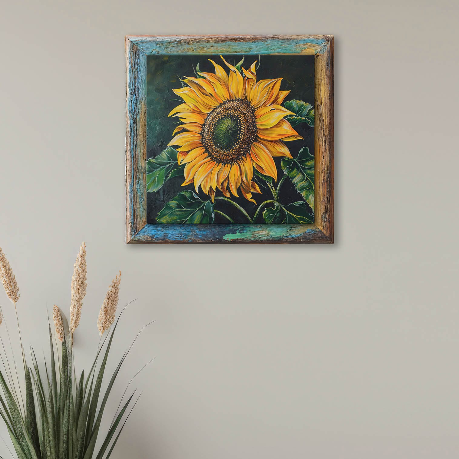 Quadro 3D con girasole appeso alla parete in un soggiorno, con cornice stampata in stile rustico.