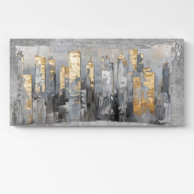 Quadro astratto camera da letto raffigurante skyline dorato su fondo grigio.