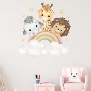 Adesivi per cameretta bambini con elefante, giraffa e leone su arcobaleno pastello.