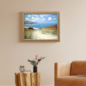 Quadro “Cammino al mare tra campi” di Monet con cornice dorata stampata su tela