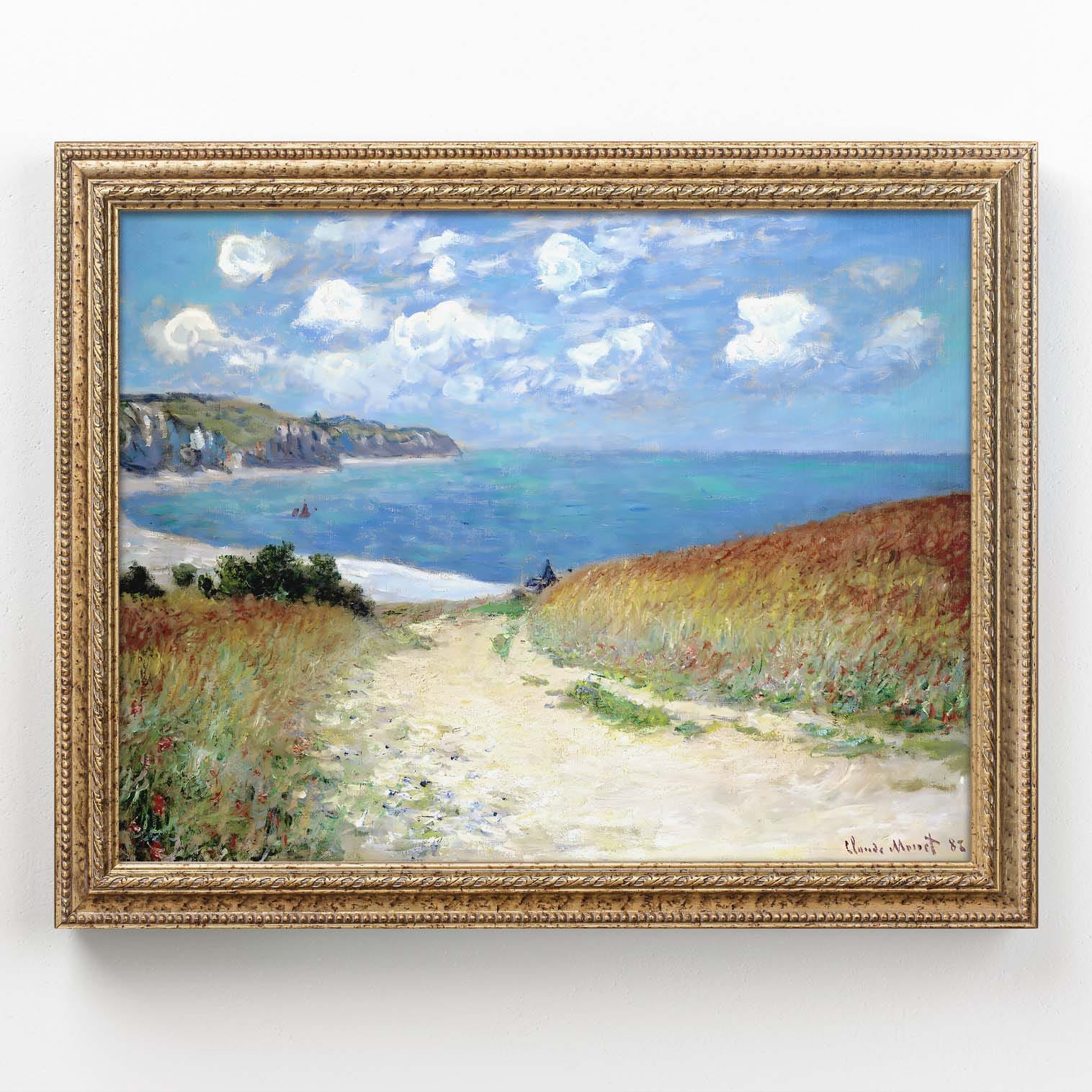 Cammino al mare tra campi quadro di Monet con cornice decorativa stampata.