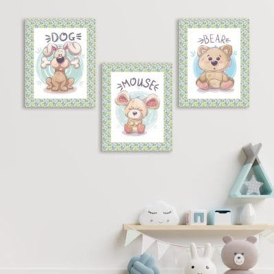 Quadri cameretta bambini con animali cane, topo e orso in stile cartoon