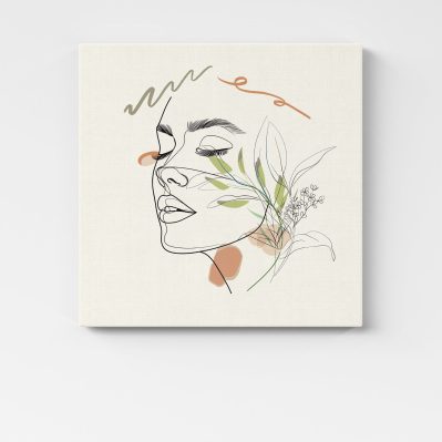 Quadro moderno bagno beauty con volto femminile laterale impreziosito da fiori e tratti delicati, ideale per ambienti beauty o estetici.