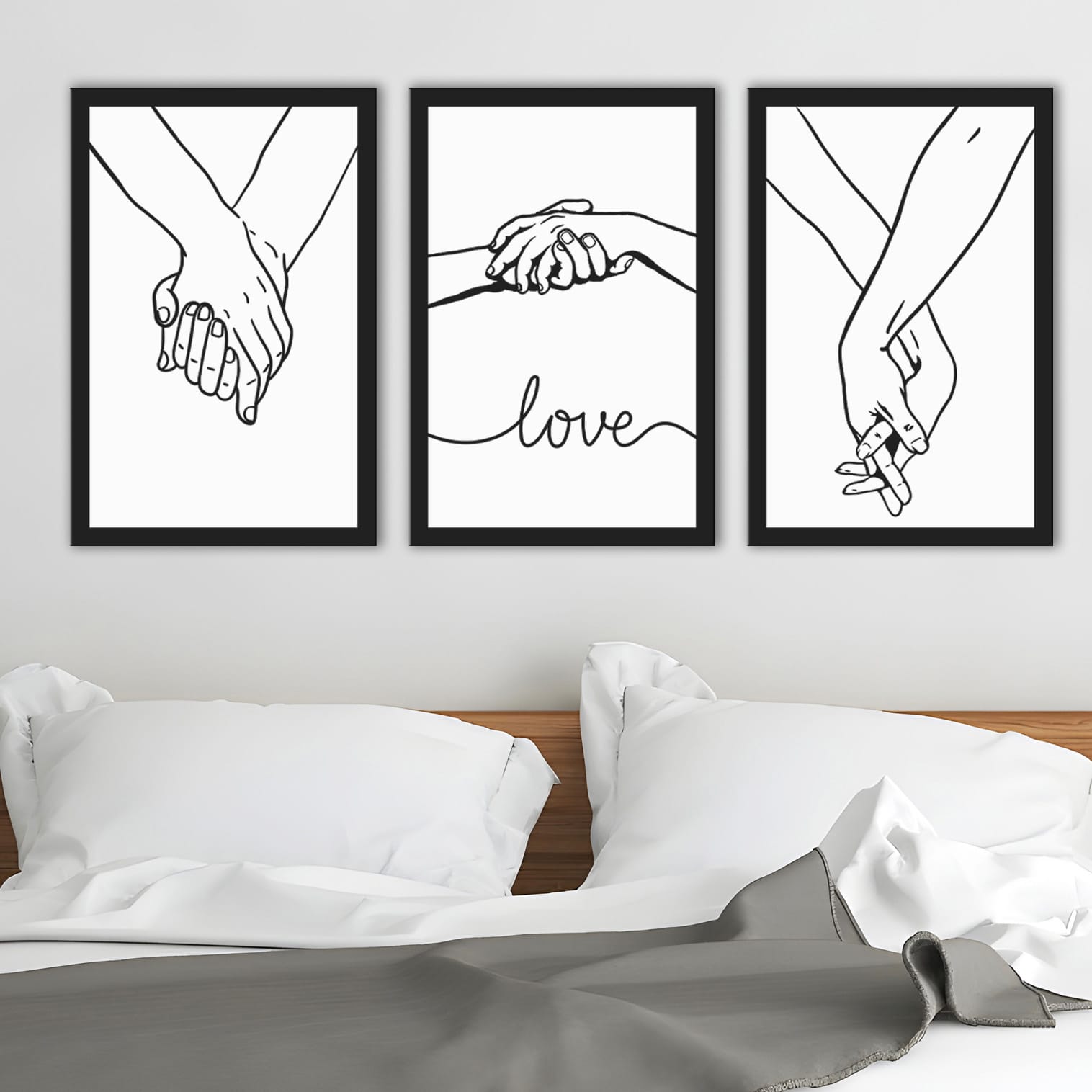 Quadri moderni camera da letto in set da tre con mani, scritta “love” e linea continua.