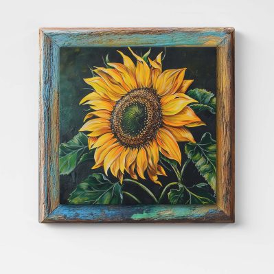 Primo piano del quadro 3D con girasole e cornice stampata direttamente sulla tela.