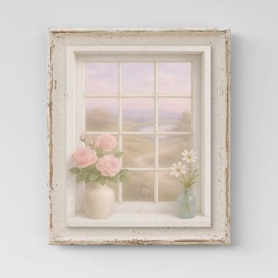 Quadro 3d finestra shabby stampata su tela con fiori e paesaggio in stile romantico.