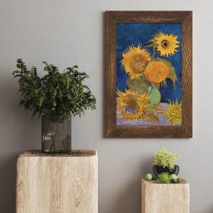 Quadro sei girasoli Van Gogh stampato su tela con effetto cornice in legno, perfetto per arricchire ogni ambiente domestico.