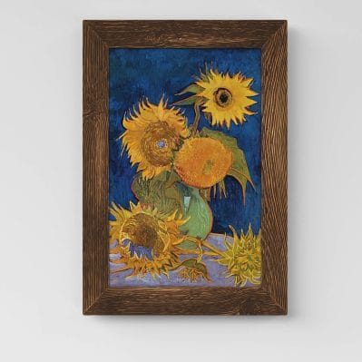 Vista frontale del Quadro Van Gogh sei girasoli con cornice legno scuro