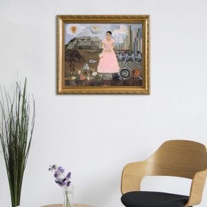 Quadro Frida Kahlo autoritratto su tela appeso alla parete in un ambiente moderno