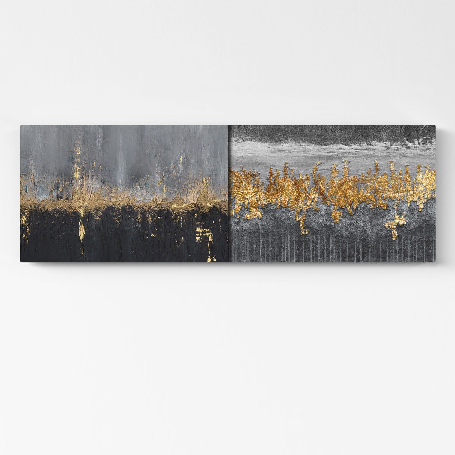 Quadro astratto per soggiorno moderno con finiture oro su sfondo grigio