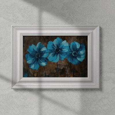 Quadro con cornice e fiori su tela con fiori blu stampati su sfondo marrone e cornice bianca effetto legno.