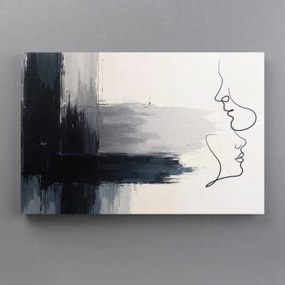 Tele astratte moderne da muro con volto disegnato in stile line art su sfondo sfumato grigio e nero.