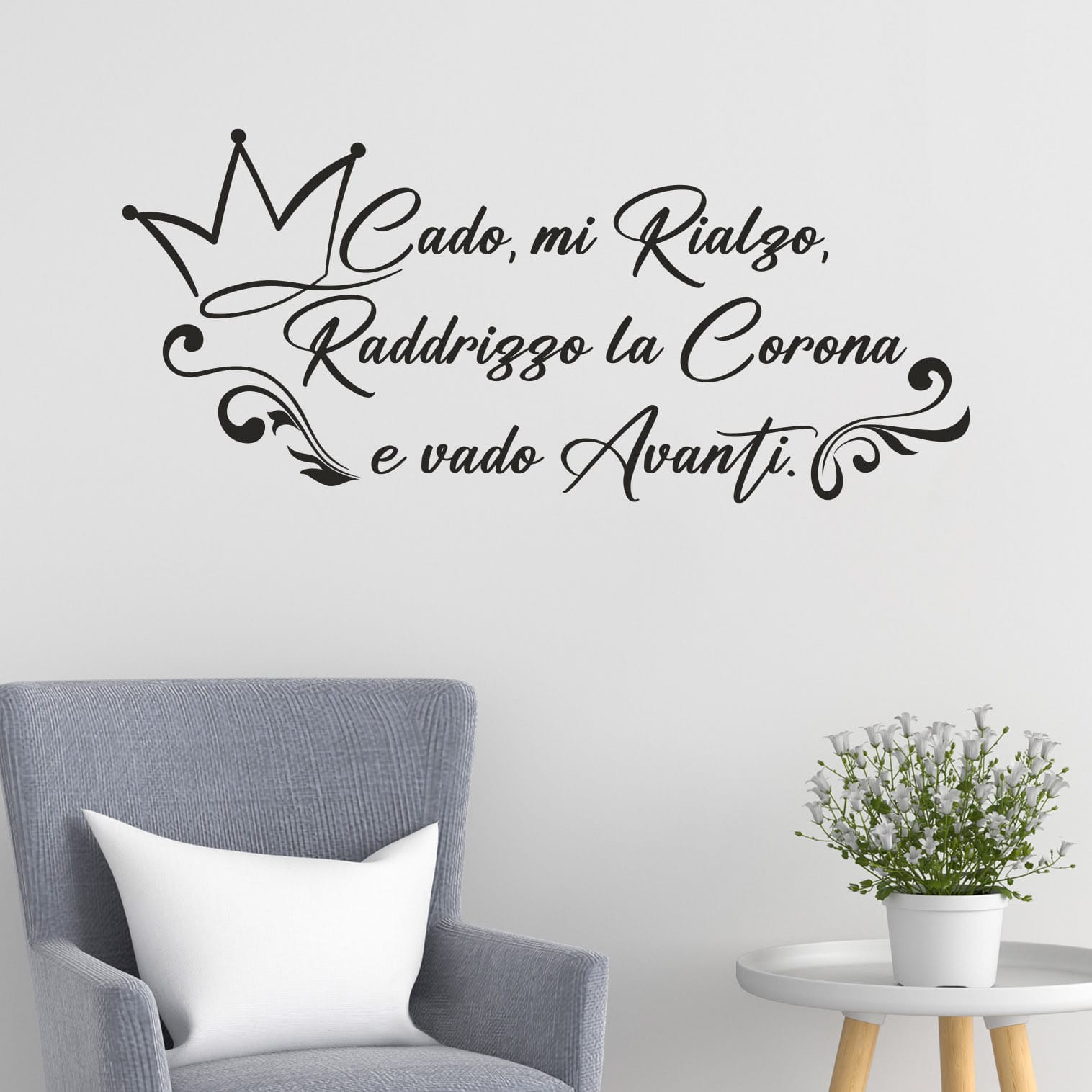 Adesivi da parete per soggiorno con frase decorativa nera motivazionale con corona