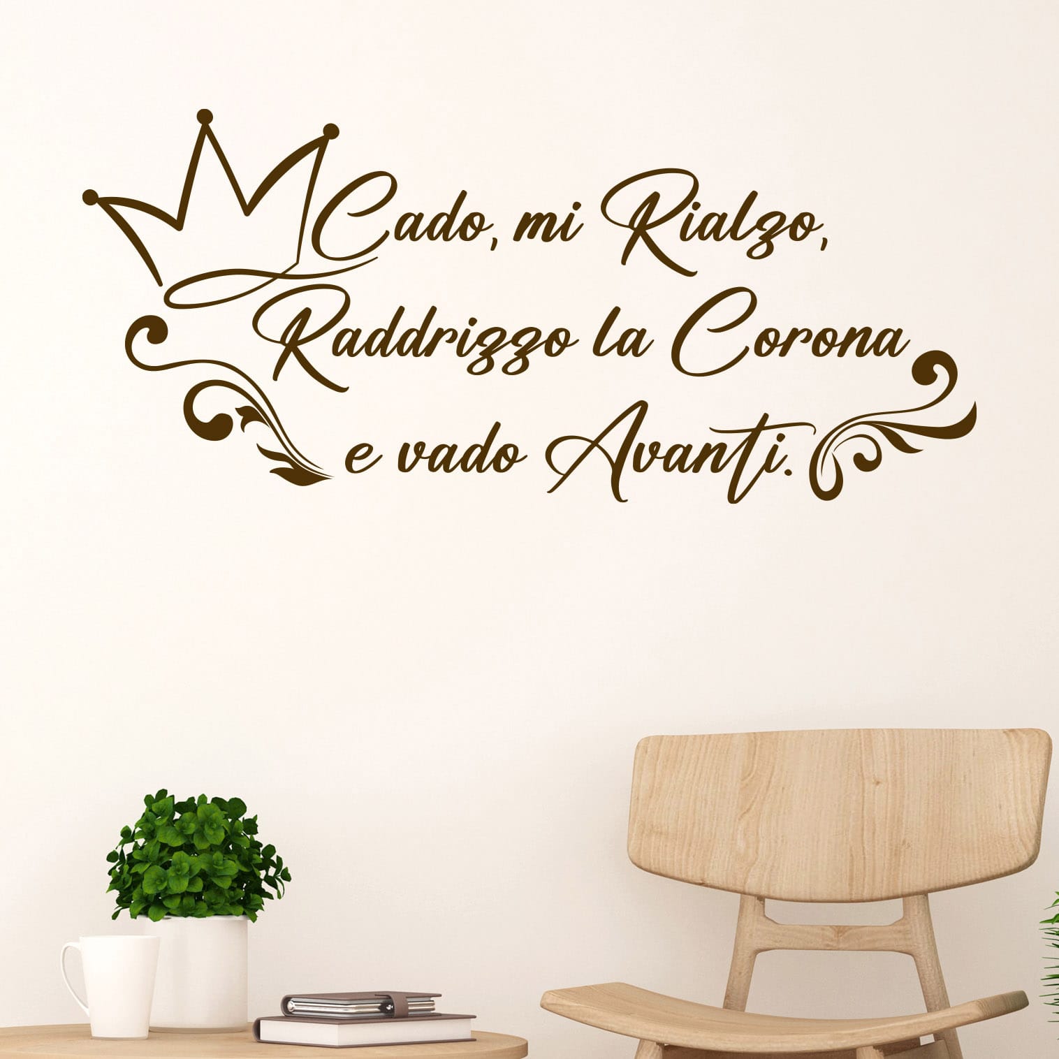 Adesivi da parete per soggiorno con frase decorativa marrone e corona in stile motivazionale