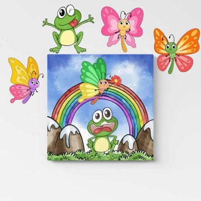 Dettaglio adesivi e quadro per bambini su tela con rana e farfalle divertenti.