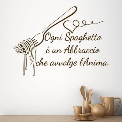 Adesivi per muro cucina spaghetti in stile rustico con forchetta e frase motivazionale per decorazione parete