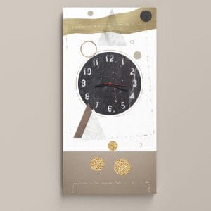 Orologio da muro astratto su tela in stile moderno con dettagli geometrici e dorati.