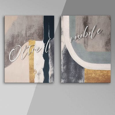 Due quadri astratti moderni design “Oltre il” e “visibile” su fondo grafico neutro