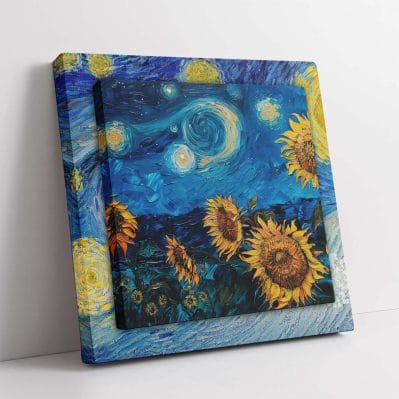 Quadro 3D Van Gogh su tela con girasoli e Notte Stellata sovrapposti