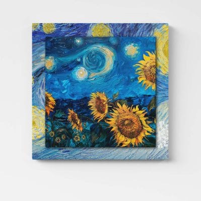 Quadro 3D artistico Van Gogh su tela con girasoli e stelle