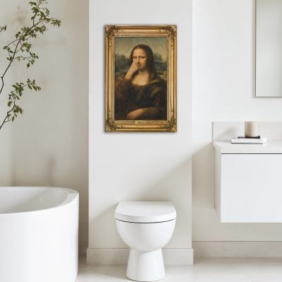 Quadro Monna Lisa per bagno con cornice dorata stampata su tela in bagno moderno