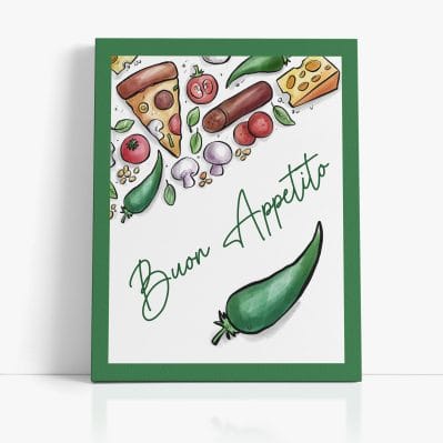 Quadro moderno cucina buon appetito con illustrazioni di ingredienti e scritta