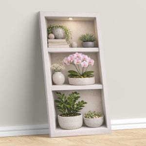 Quadro su tela nicchia nel muro appoggiato a terra con piante decorative e libri.