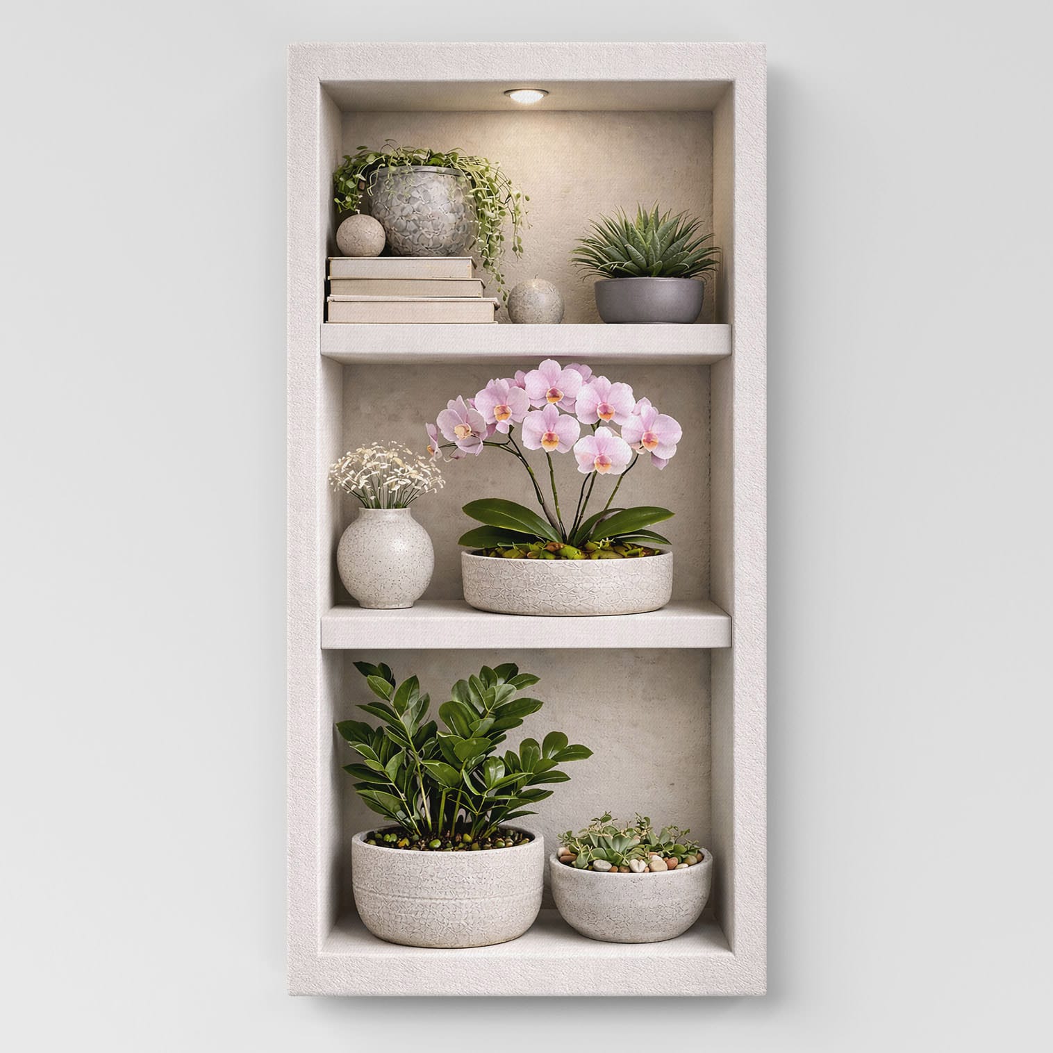 Quadro su tela nicchia nel muro con piante, libri e vasi in stile moderno visto frontalmente.